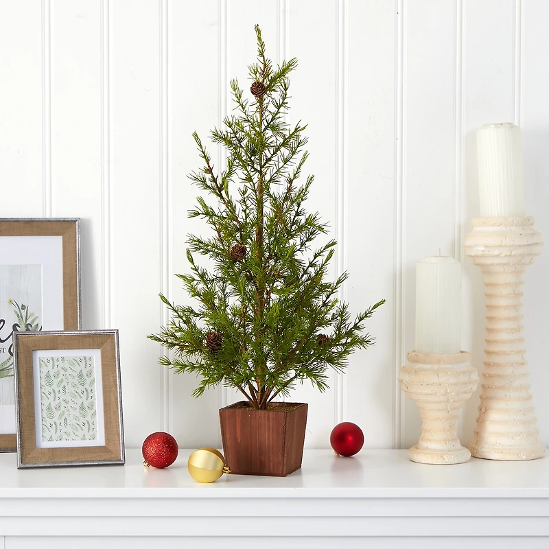 Nearly Natural 28in. Natural Look Christmas In Wood Planter With Pine Cones 2 Foot Pine Christmas Tree