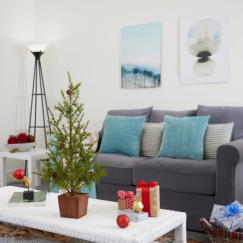 Nearly Natural 28in. Natural Look Christmas In Wood Planter With Pine Cones 2 Foot Pine Christmas Tree
