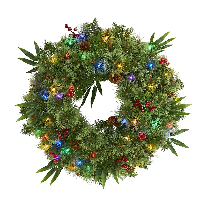Nearly Natural 24in. Mixed Pine With Berries And Pine Cones Pre-Lit Wreath