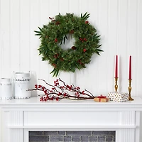 Nearly Natural 24in. Mixed Pine With Berries And Pine Cones Pre-Lit Wreath
