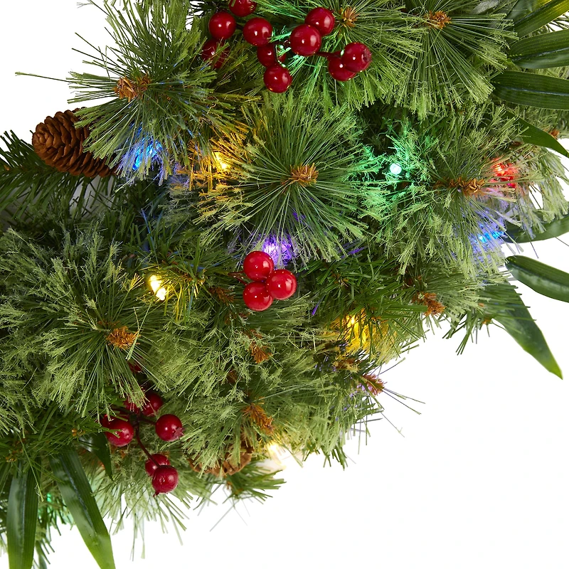 Nearly Natural 24in. Mixed Pine With Berries And Pine Cones Pre-Lit Wreath