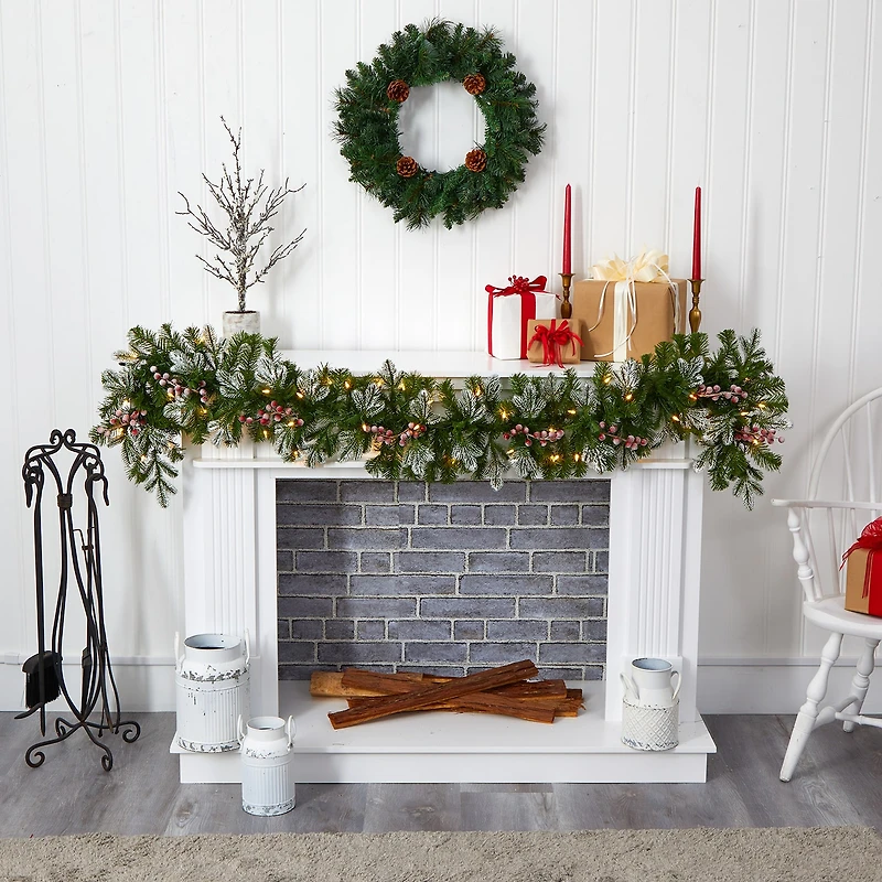 Nearly Natural 6ft. Snow Tipped Christmas With 50 Warm White Led Lights And Berries Pre-Lit Christmas Indoor Garland