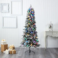 Nearly Natural 5 Foot Mountain Flocked Fir With 379 Bendable Branches And 50 Multi Color Globe Bulbs Pre-Lit Christmas Tree