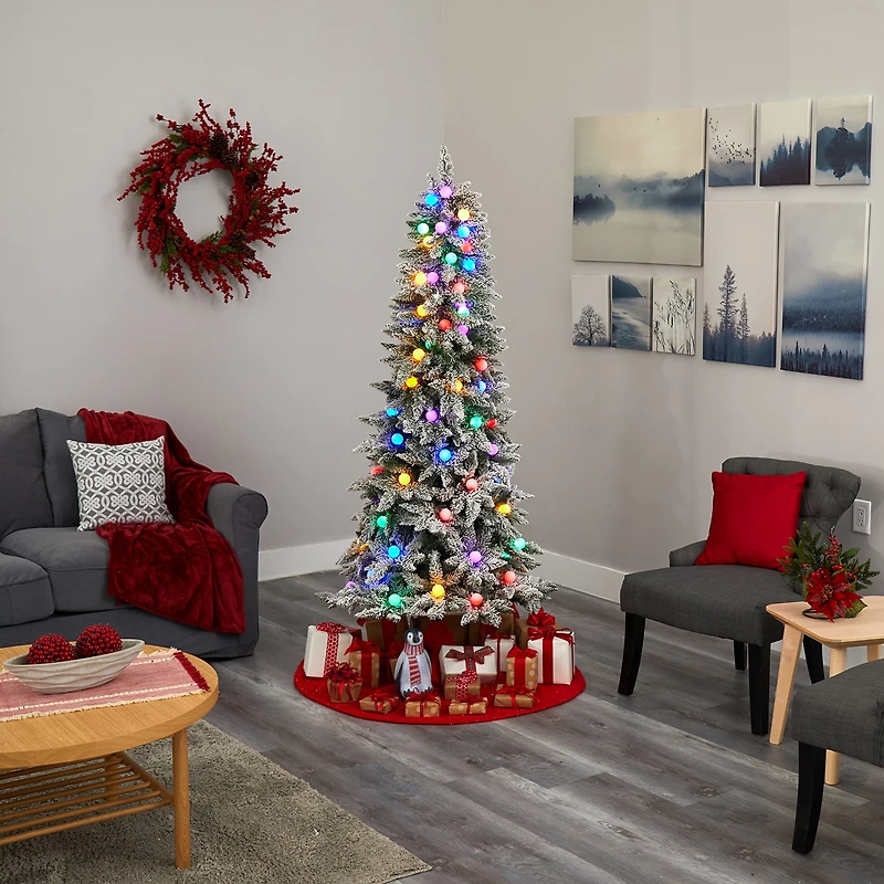 Nearly Natural 5 Foot Mountain Flocked Fir With 379 Bendable Branches And 50 Multi Color Globe Bulbs Pre-Lit Christmas Tree