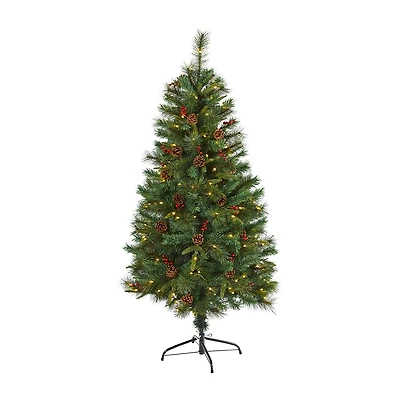 Nearly Natural 5 Foot Pine With Pine Cones And Berries And 150 Clear Led Lights Pre-Lit Christmas Tree