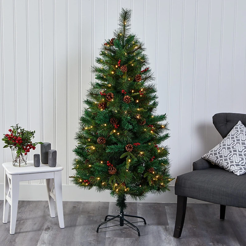 Nearly Natural 5 Foot Pine With Pine Cones And Berries And 150 Clear Led Lights Pre-Lit Christmas Tree