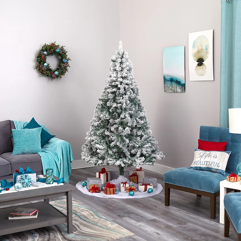 Nearly Natural 7 Foot Rock Springs Flocked Spruce With 800 Bendable Branches Christmas Tree