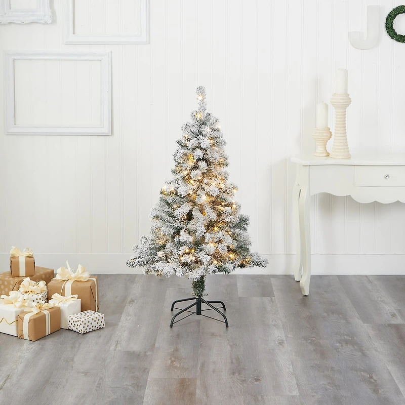 Nearly Natural 4 Foot Rock Springs Flocked Spruce With 100 Clear Led Lights Pre-Lit Christmas Tree
