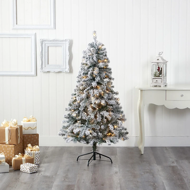 Nearly Natural 5 Foot Flocked Spruce With 150 Clear Led Lights Pre-Lit Christmas Tree