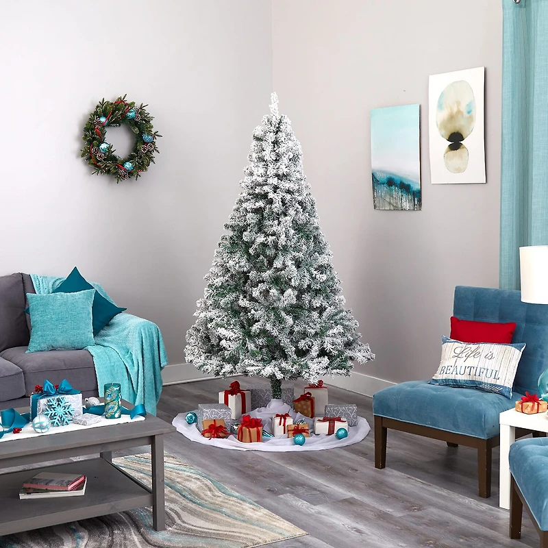 Nearly Natural 7 Foot Rock Springs Flocked Spruce With 800 Bendable Branches And 350 Clear Led Lights Pre-Lit Christmas Tree