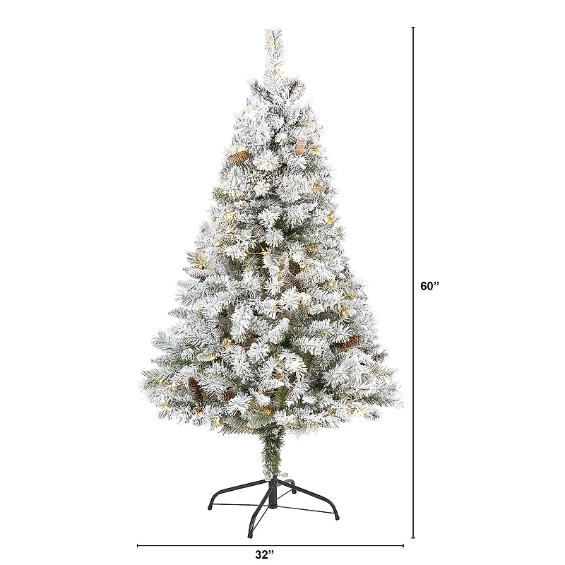 Nearly Natural 5 Foot White River Mountain Flocked Pine With Pinecones And 150 Clear Led Lights Pre-Lit Christmas Tree