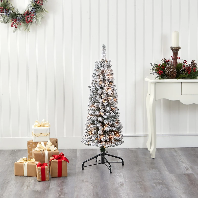 Nearly Natural Foot Flocked Pencil Pine With Bendable Branches And Clear Lights Pre-Lit Christmas Tree