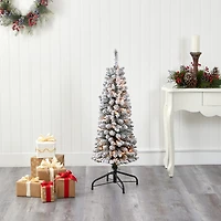 Nearly Natural Foot Flocked Pencil Pine With Bendable Branches And Clear Lights Pre-Lit Christmas Tree