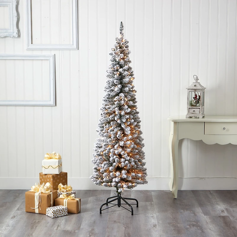 Nearly Natural 6 Foot Pencil Flocked Pine With 438 Bendable Branches And 300 Clear Lights Pre-Lit Christmas Tree