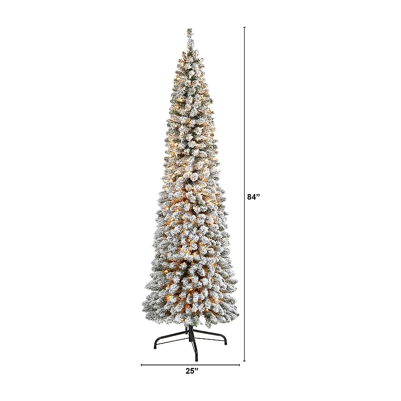 Nearly Natural 7 Foot Flocked Pencil Pine With 574 Bendable Branches And 400 Clear Lights Pre-Lit Christmas Tree
