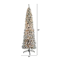 Nearly Natural 7 Foot Flocked Pencil Pine With 574 Bendable Branches And 400 Clear Lights Pre-Lit Christmas Tree