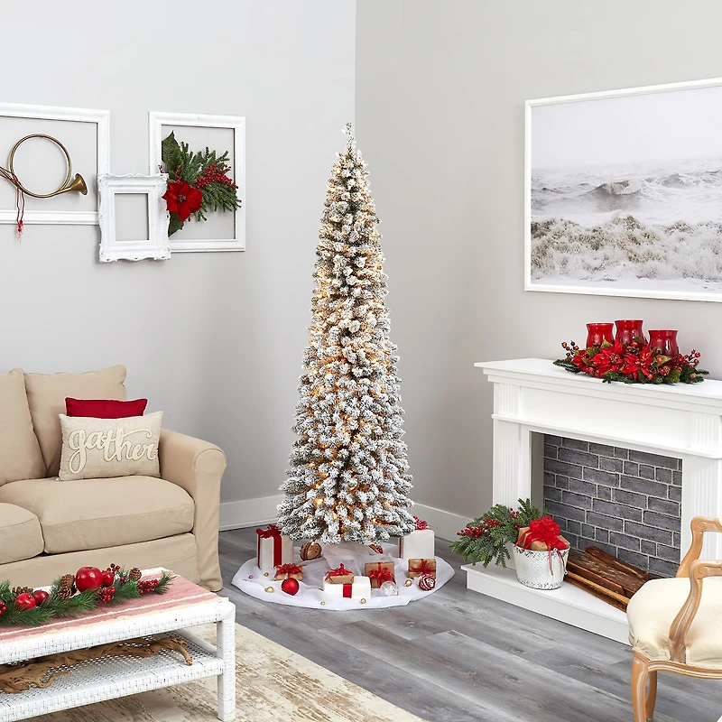 Nearly Natural 7 Foot Flocked Pencil Pine With 574 Bendable Branches And 400 Clear Lights Pre-Lit Christmas Tree