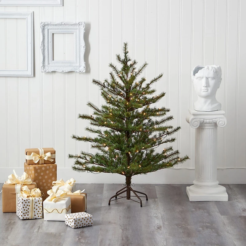 Nearly Natural 4 Foot Mountain Pine With 374 Bendable Branches And 100 Clear Lights Pre-Lit Christmas Tree