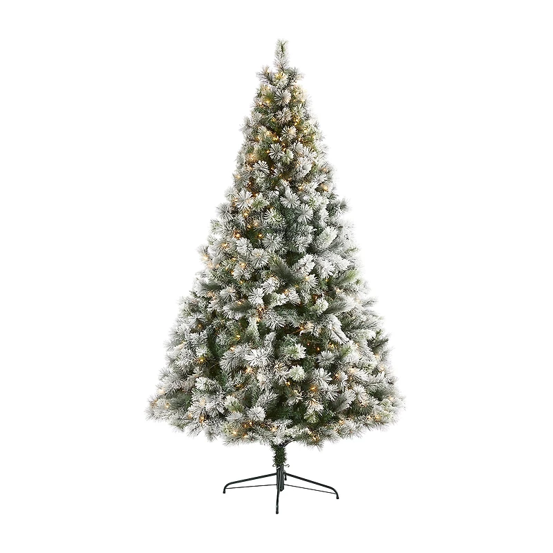 Nearly Natural 8 Foot Oregon Flocked Pine With 1172 Bendable Branches And 500 Clear Lights Pre-Lit Christmas Tree