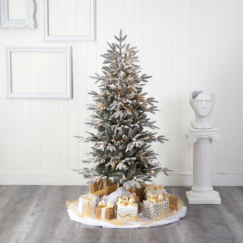 Nearly Natural 5 1/2 Foot Flocked Manchester Spruce With 560 Bendable Branches And 200 Lights Pre-Lit Christmas Tree
