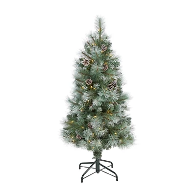 Nearly Natural Foot Frosted Pine With Pine Cones And Bendable Branches And Clear Lights Pre-Lit Christmas Tree