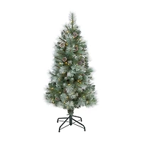 Nearly Natural Foot Frosted Pine With Pine Cones And Bendable Branches And Clear Lights Pre-Lit Christmas Tree