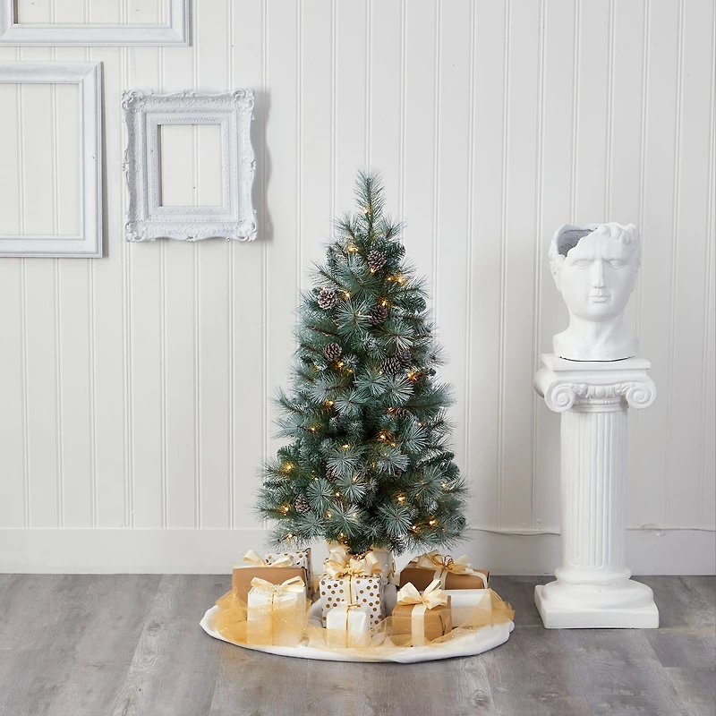 Nearly Natural Foot Frosted Pine With Pine Cones And Bendable Branches And Clear Lights Pre-Lit Christmas Tree