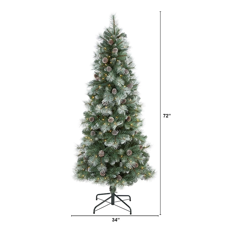 Nearly Natural 6 Foot Frosted Pine With Pine Cones And 588 Bendable Branches And 250 Clear Lights Pre-Lit Christmas Tree
