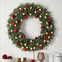 Nearly Natural 4ft. Oversized Pre-Lit Frosted Holiday Christmas With Ornaments And 40 Led Globe Lights Pre-Lit Wreath