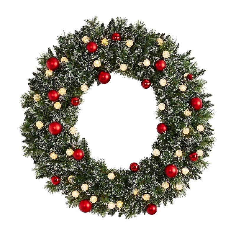 Nearly Natural 4ft. Oversized Pre-Lit Frosted Holiday Christmas With Ornaments And 40 Led Globe Lights Pre-Lit Wreath