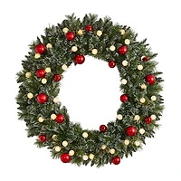 Nearly Natural 4ft. Oversized Pre-Lit Frosted Holiday Christmas With Ornaments And 40 Led Globe Lights Pre-Lit Wreath