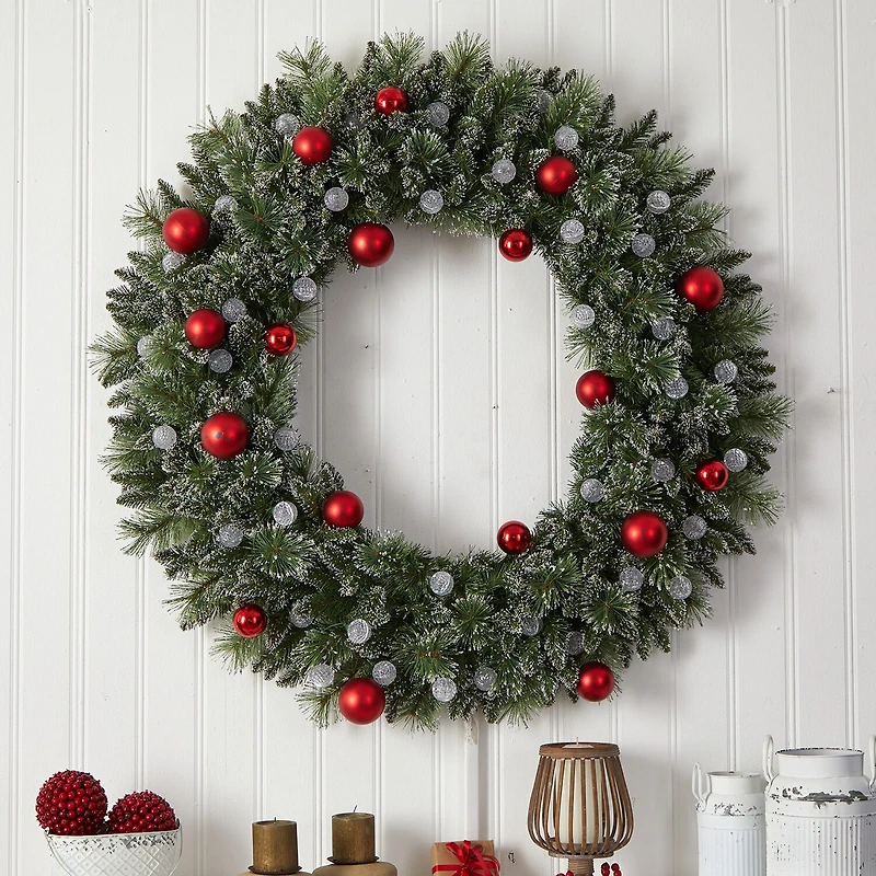 Nearly Natural 4ft. Oversized Pre-Lit Frosted Holiday Christmas With Ornaments And 40 Led Globe Lights Pre-Lit Wreath