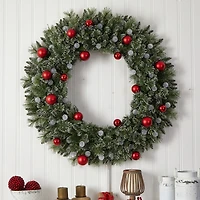 Nearly Natural 4ft. Oversized Pre-Lit Frosted Holiday Christmas With Ornaments And 40 Led Globe Lights Pre-Lit Wreath