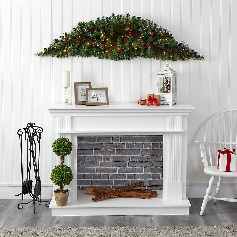 Nearly Natural 6ft. Christmas Swag With 50 Led Lights; Berries And Pine Cones Pre-Lit Swag