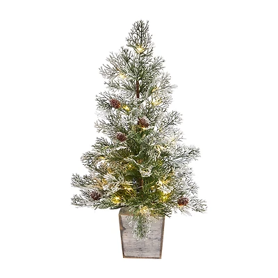 Nearly Natural 2 Foot Frosted Fir With Pinecones In Decorative Planter Pre-Lit Christmas Tree