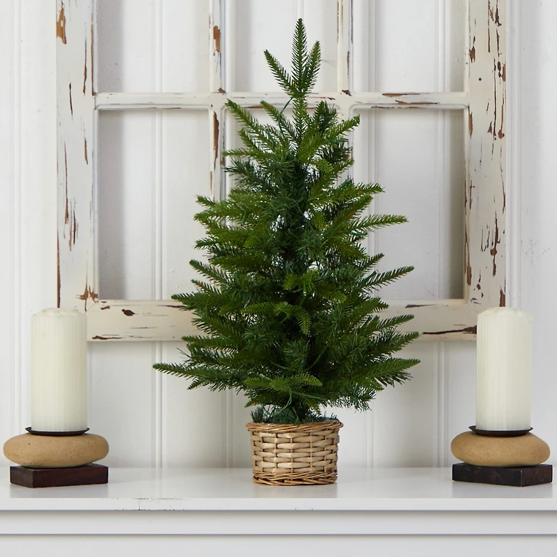 Nearly Natural 2 Foot Pine In Decorative Basket With 35 Clear Led Lights Pre-Lit Christmas Tree