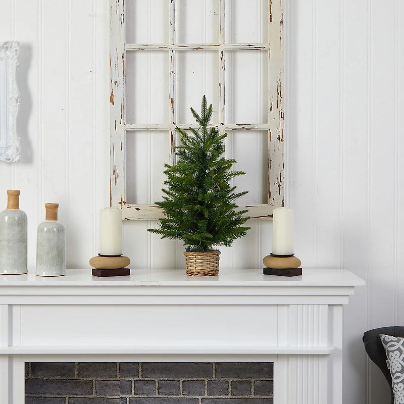 Nearly Natural 2 Foot Pine In Decorative Basket With 35 Clear Led Lights Pre-Lit Christmas Tree