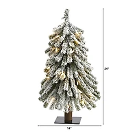 Nearly Natural 2 Foot Grand Flocked Pine On Natural Trunk With 111 Bendable Branches And 35 Clear Lights Pre-Lit Christmas Tree