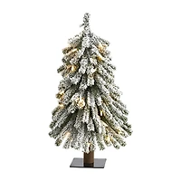 Nearly Natural 2 Foot Grand Flocked Pine On Natural Trunk With 111 Bendable Branches And 35 Clear Lights Pre-Lit Christmas Tree