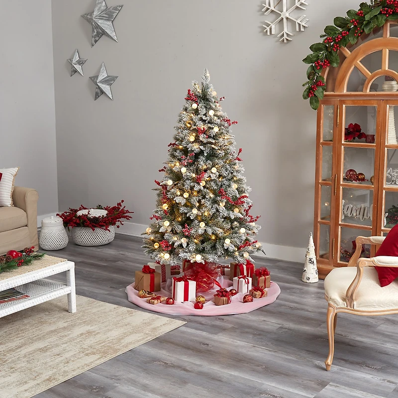 Nearly Natural 6 Foot Snow Tipped Flocked Fir With Berries And 906 Bendable Branches And 200 Led Lights And 50 Led Globe Lights Pre-Lit Christmas Tree