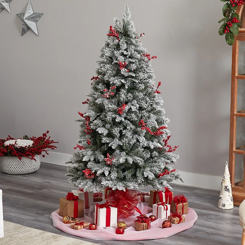 Nearly Natural 6 Foot Snow Tipped Flocked Fir With Berries And 906 Bendable Branches And 200 Led Lights And 50 Led Globe Lights Pre-Lit Christmas Tree