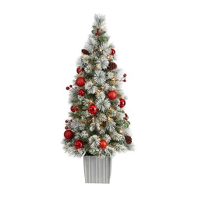 Nearly Natural 4 Foot Winter Flocked Pine In Decorative Planter With Ornaments And 50 Led Lights Pre-Lit Christmas Tree