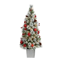 Nearly Natural 4 Foot Winter Flocked Pine In Decorative Planter With Ornaments And 50 Led Lights Pre-Lit Christmas Tree