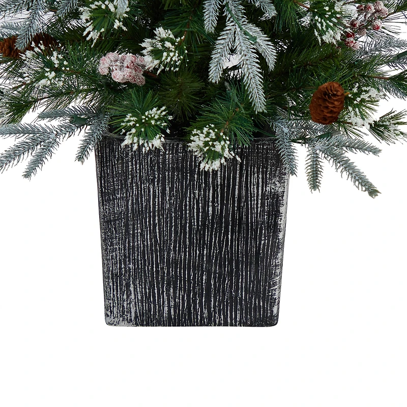 Nearly Natural 4 Foot Frosted Fir In Decorative Planter With Berries And 105 Led Lights Pre-Lit Christmas Tree