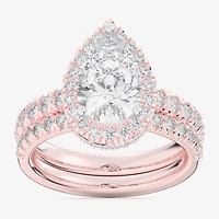 (G-H / Si1-Si2) Womens 4 1/4 CT. T.W. Lab Grown White Diamond 14K Gold Pear Side Stone Halo Bridal Set