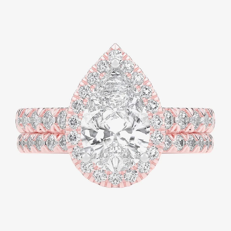 (G-H / Si1-Si2) Womens 4 1/4 CT. T.W. Lab Grown White Diamond 14K Gold Pear Side Stone Halo Bridal Set