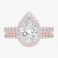 (G-H / Si1-Si2) Womens 4 1/4 CT. T.W. Lab Grown White Diamond 14K Gold Pear Side Stone Halo Bridal Set