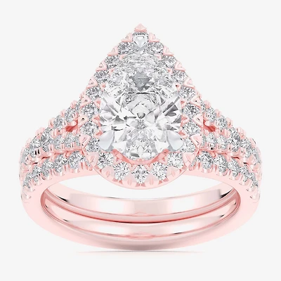 G-H / Si1-Si2) Womens CT. T.W. Lab Grown White Diamond 14K Gold Pear Side Stone Halo Bridal Set