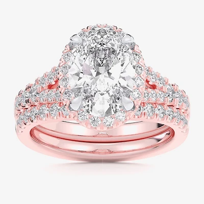 (G-H / Si1-Si2) Womens 1 5/8 CT. T.W. Lab Grown White Diamond 14K Gold Oval Side Stone Halo Bridal Set