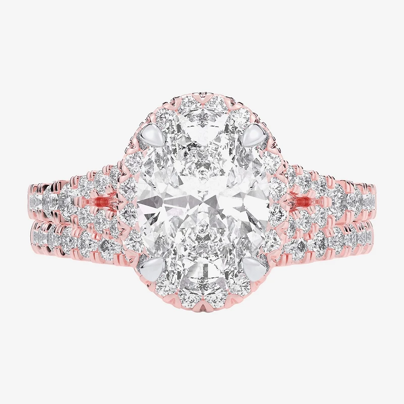 G-H / Si1-Si2) Womens CT. T.W. Lab Grown White Diamond 14K Gold Oval Side Stone Halo Bridal Set